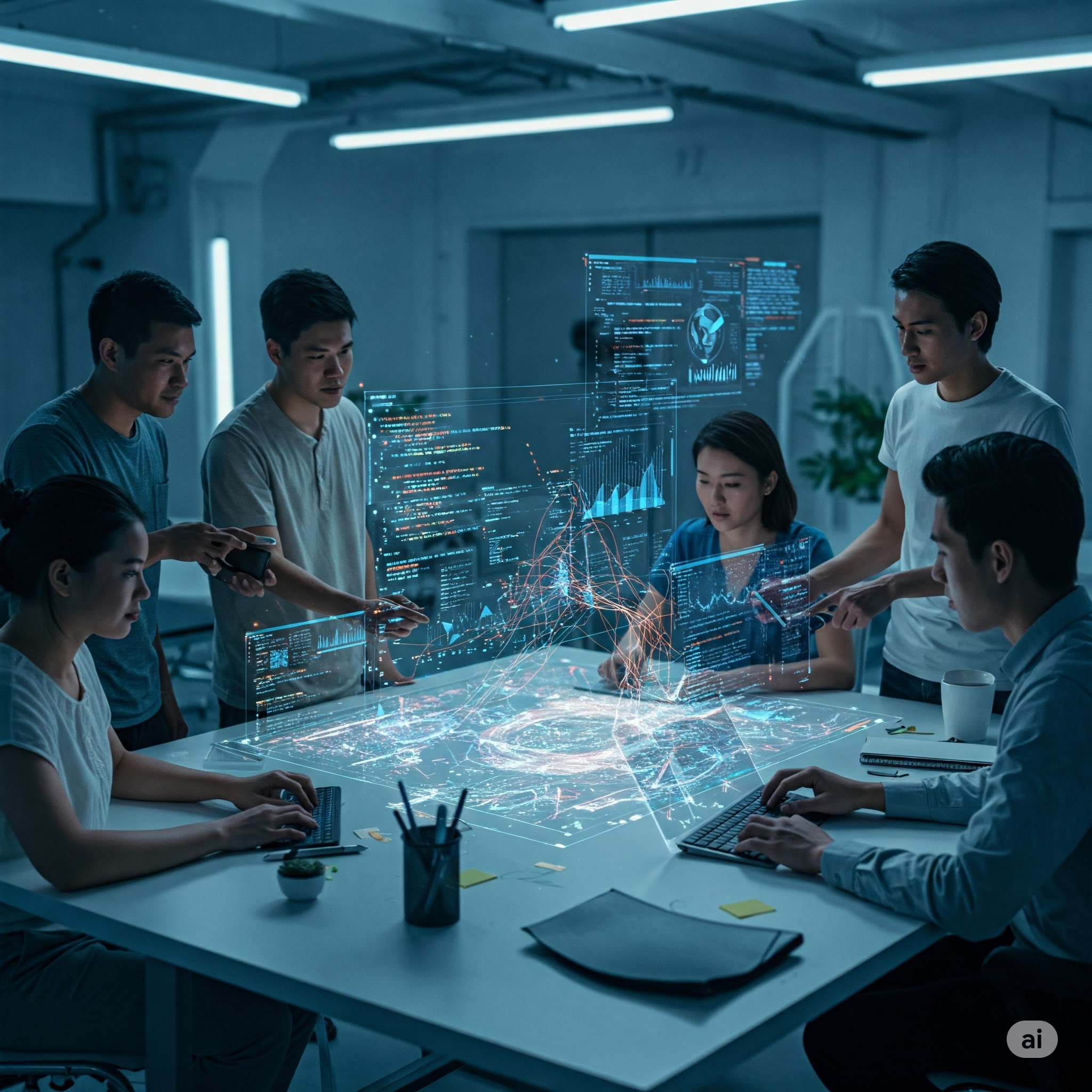 Desenvolvedores colaborando em volta de uma tela com código